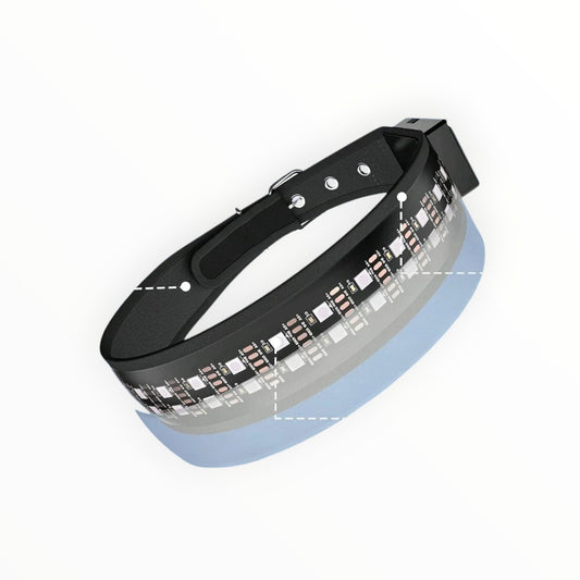 Essential Selects black nylon LED dog collar with app-controlled RGB lighting, IP65 waterproof rating, and buckle.