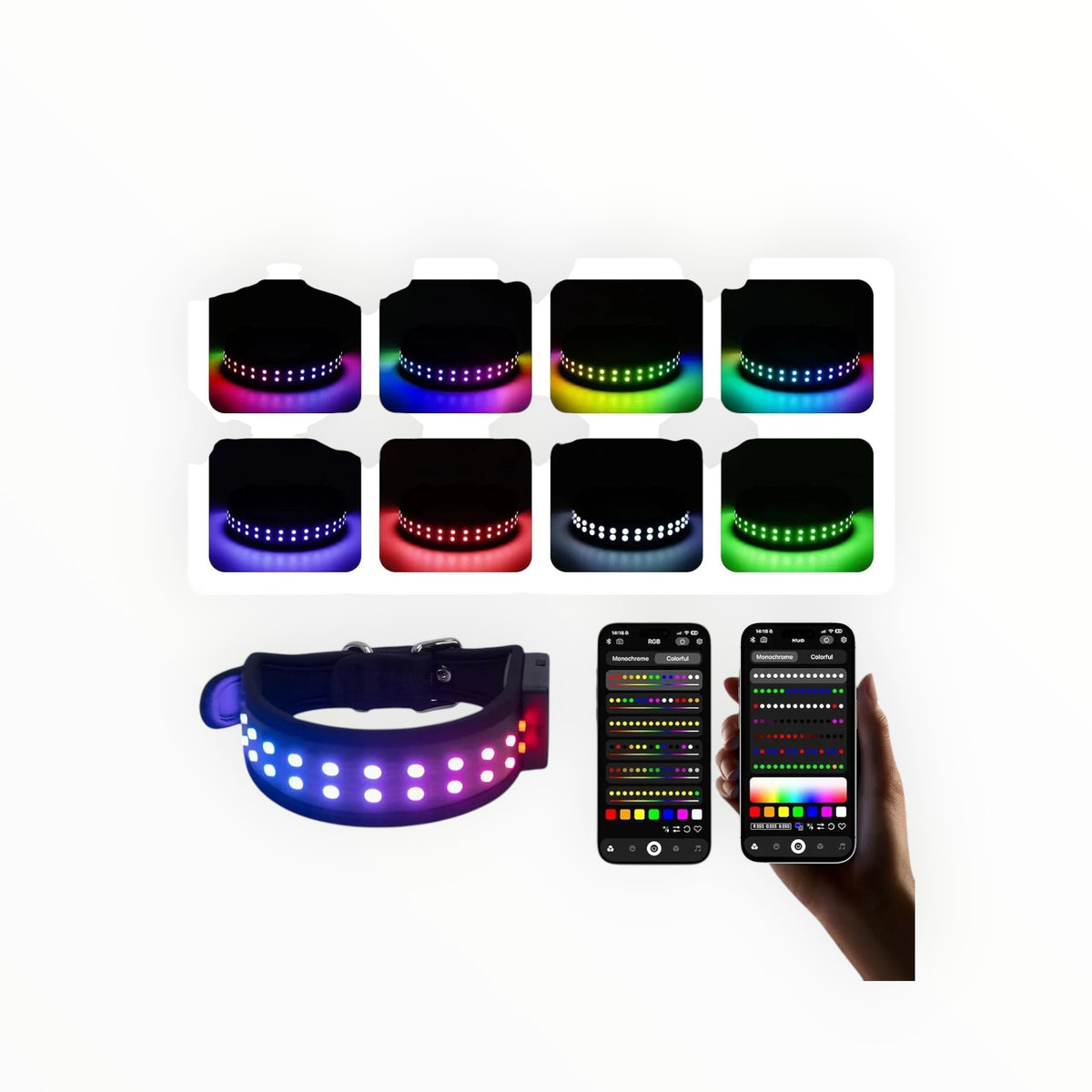 Essential Selects black nylon LED dog collar with app-controlled RGB lighting and 20+ customizable light modes