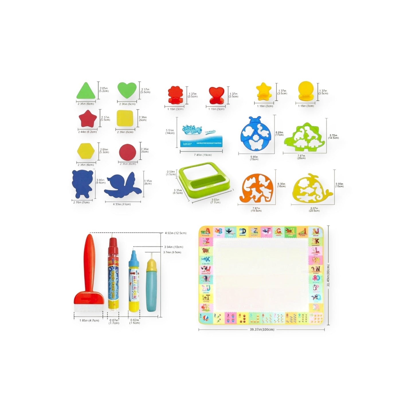 Essential Selects magic water drawing mat set with reusable pens, animal stencils, and EVA shapes for kids.