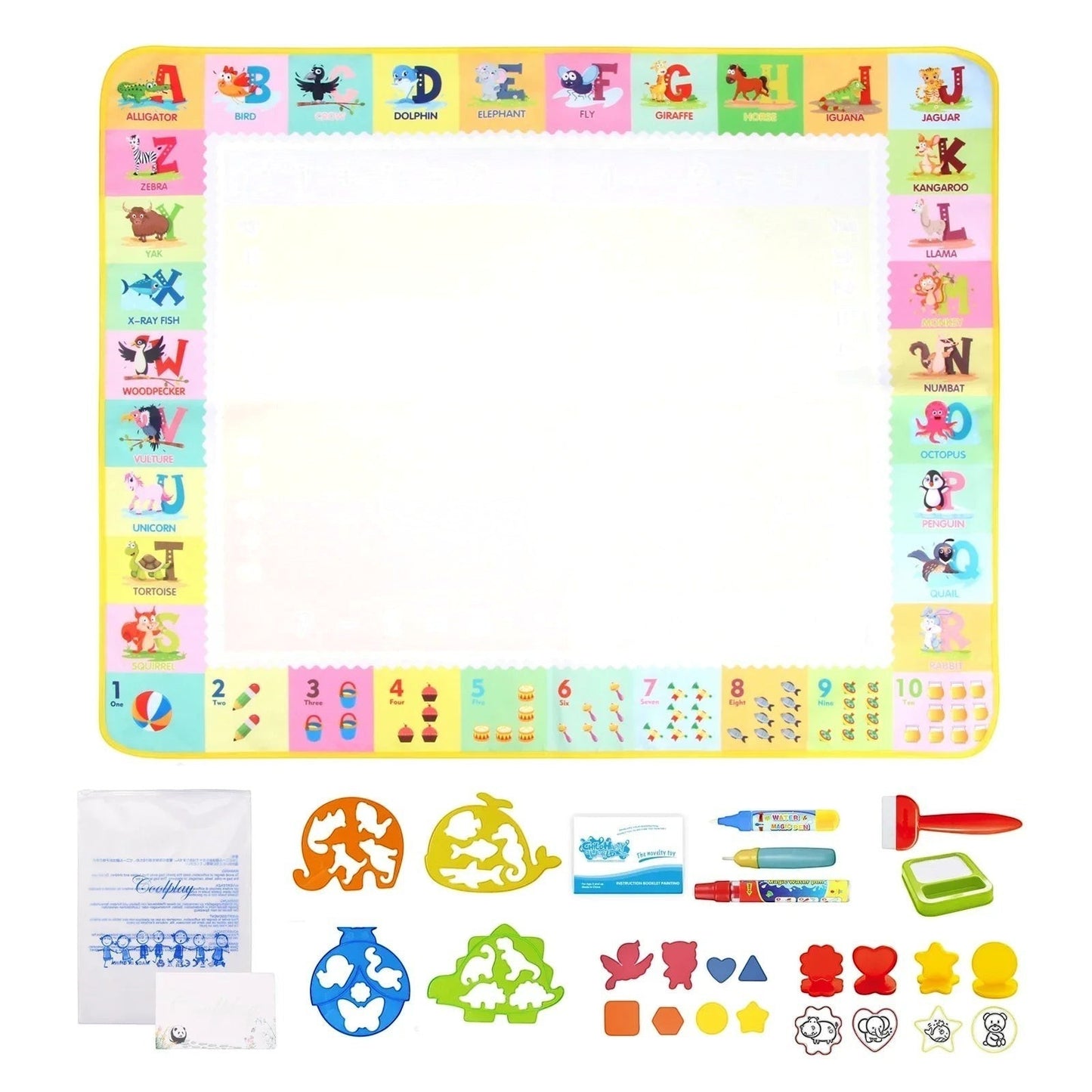 Essential Selects magic water drawing mat with alphabet border, water pens, and colorful shape stencils for kids