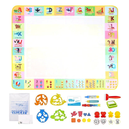 Essential Selects magic water drawing mat with alphabet border, water pens, and colorful shape stencils for kids