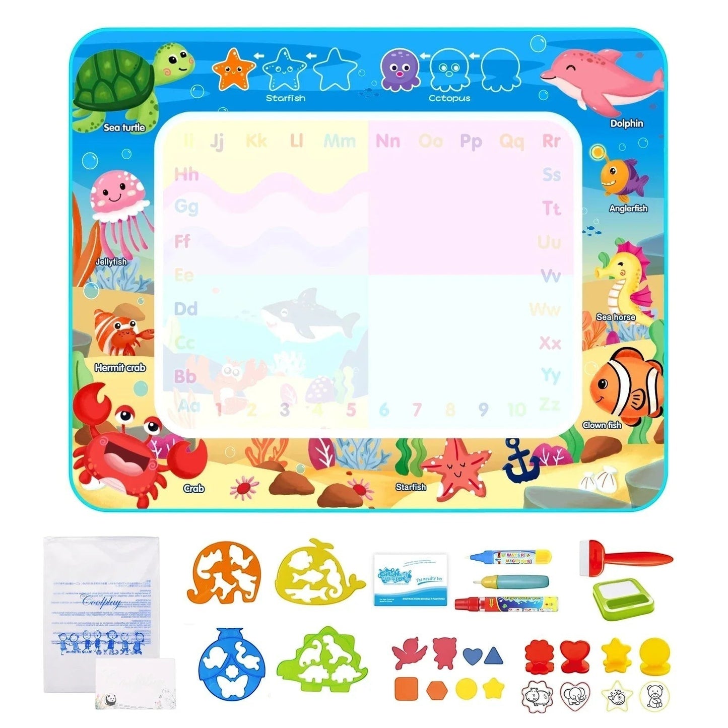 Essential Selects magic water drawing mat with sea animal illustrations, water pens, and shape stencils for kids.