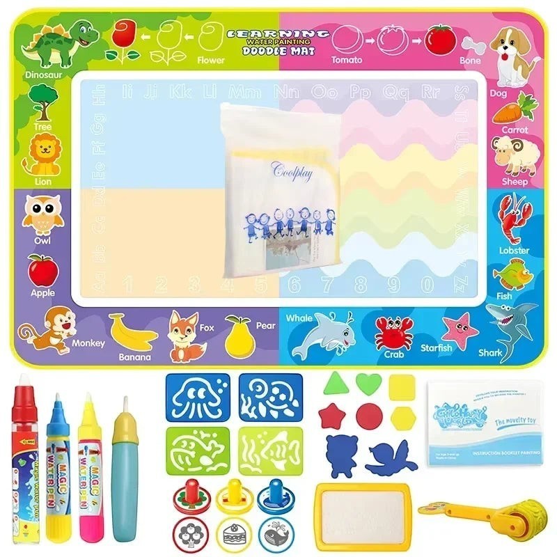 Essential Selects magic water drawing mat with reusable pens, animal templates, and stamps for mess-free kids art