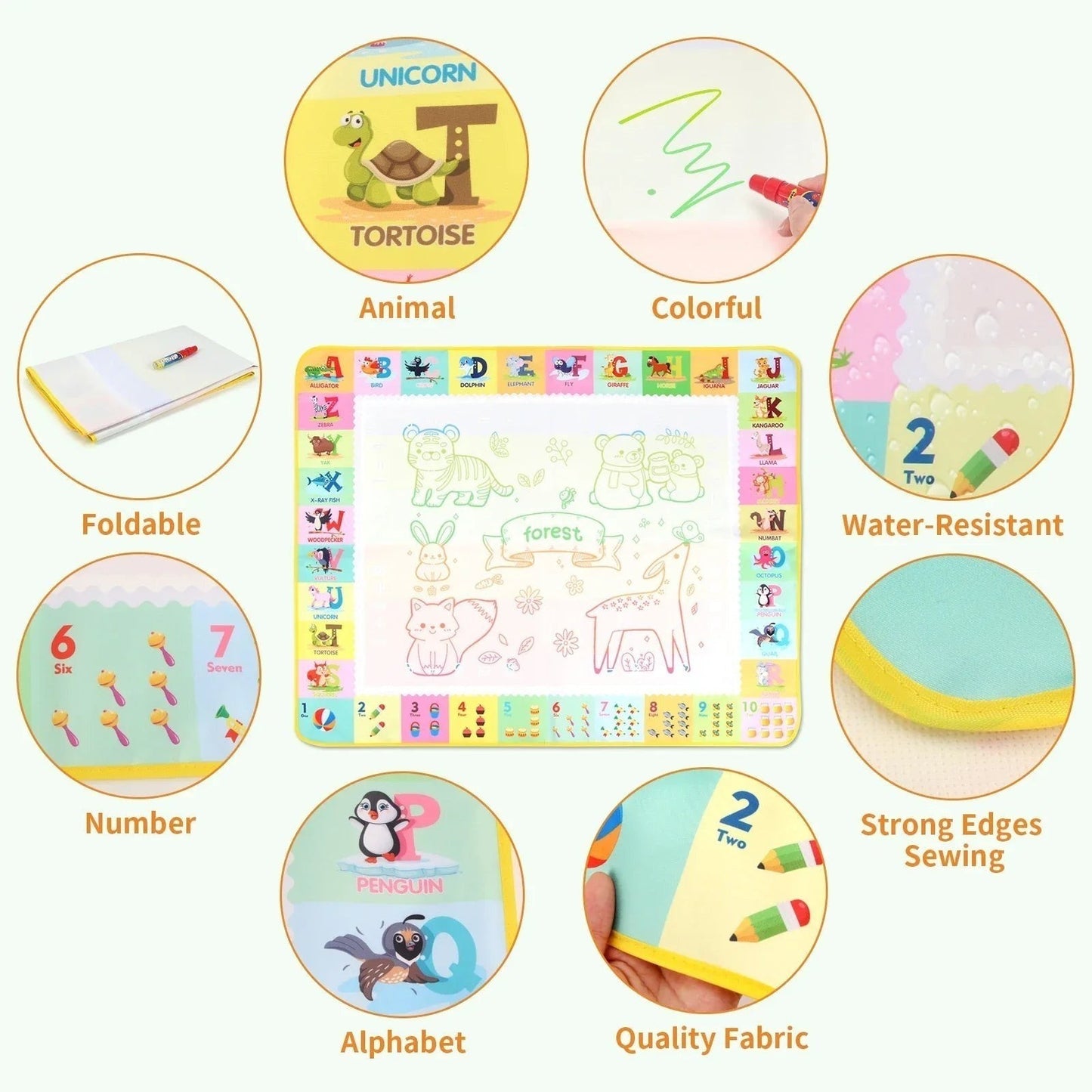 Essential Selects magic water drawing mat with alphabet, numbers, and animal prints, featuring reusable water pens.