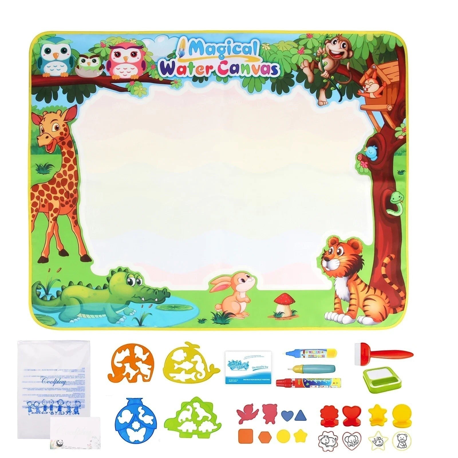 Essential Selects magic water drawing mat with animal-themed border, water pens, and shape stencils for mess-free art.