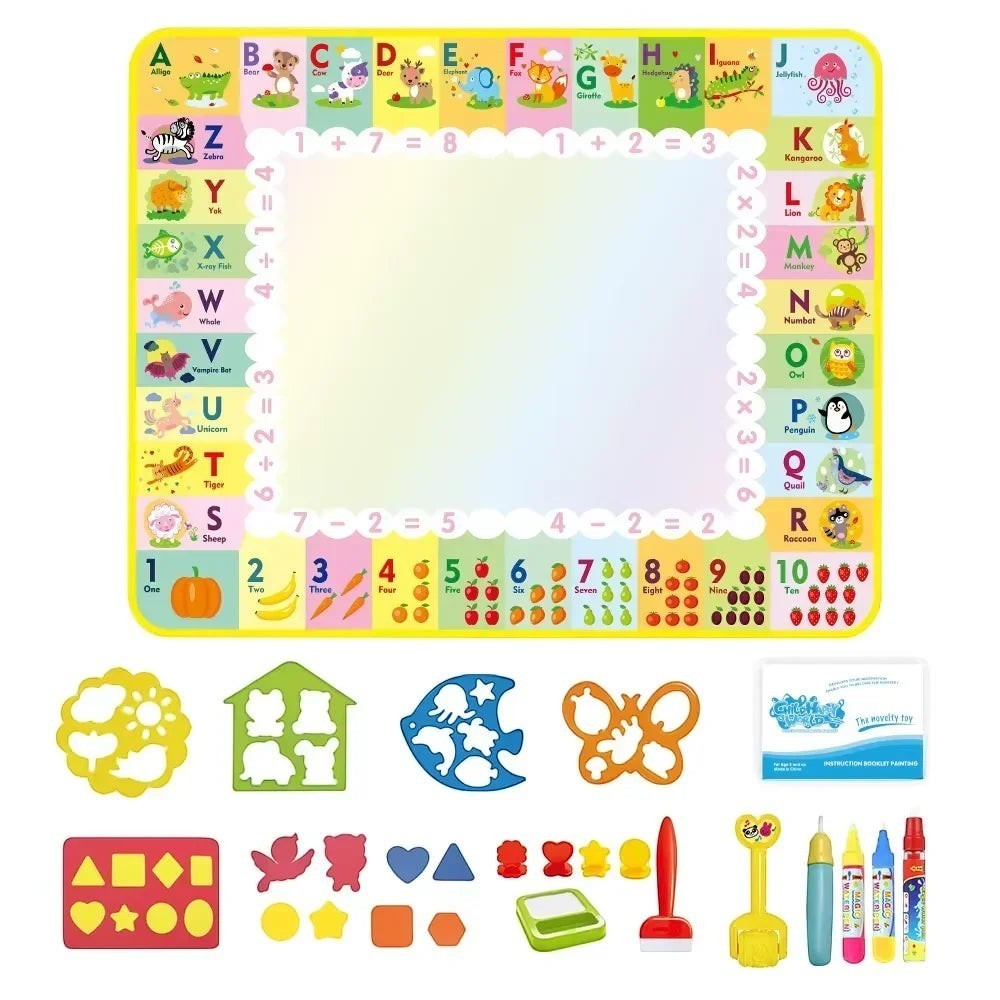 Essential Selects magic water drawing mat with alphabet, numbers, and colorful accessories for mess-free creative play