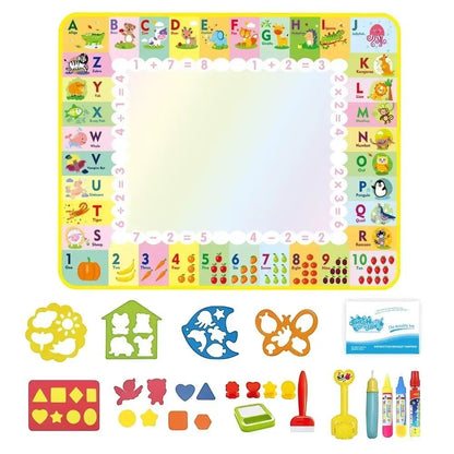 Essential Selects magic water drawing mat with alphabet, numbers, and colorful accessories for mess-free creative play