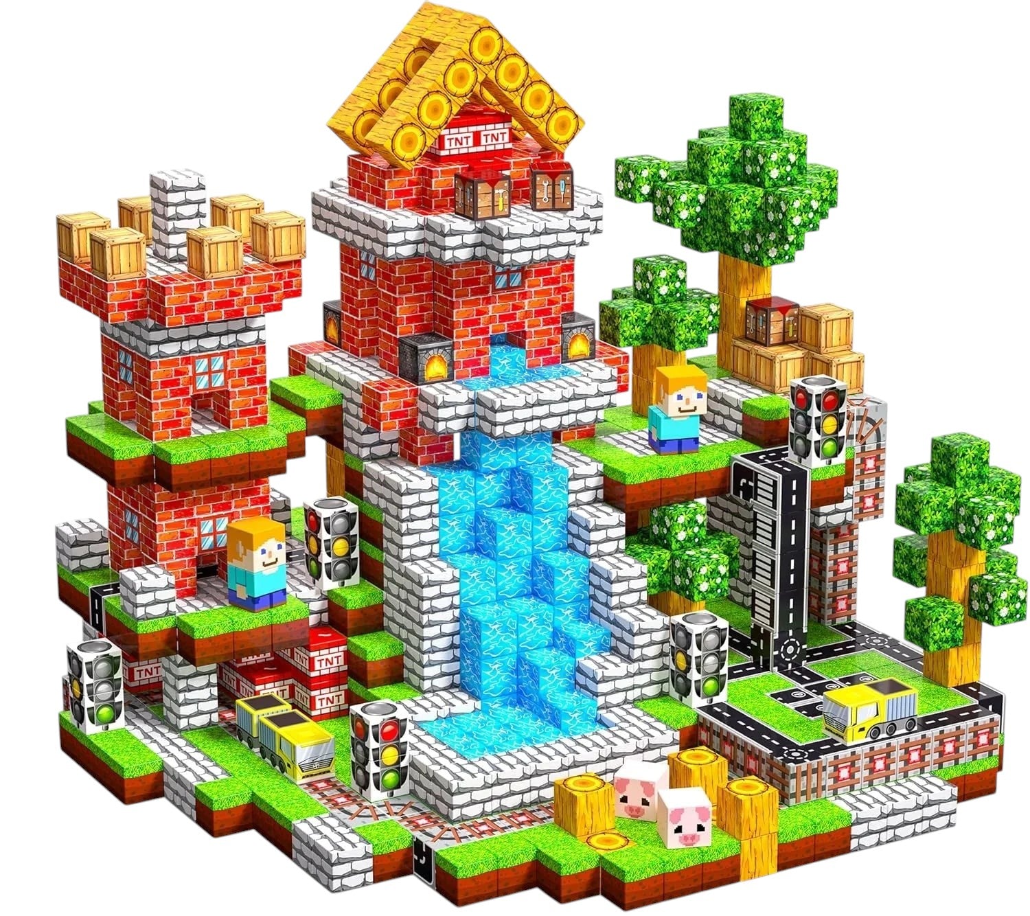 Essential Selects MagniBuild magnetic block castle set with trees, road, and characters for creative STEM play.