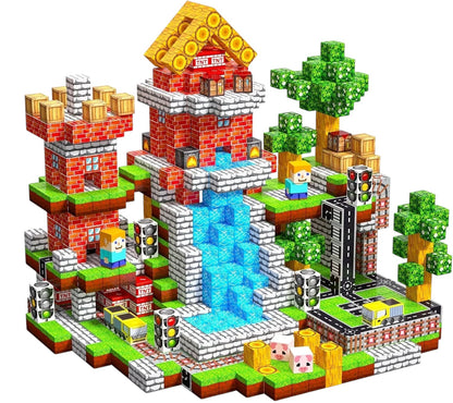 Essential Selects MagniBuild magnetic block castle set with trees, road, and characters for creative STEM play.