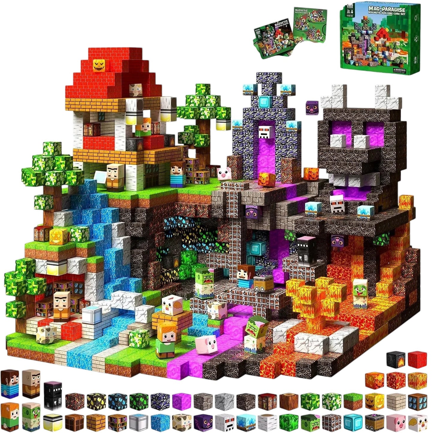Essential Selects MagniBuild magnetic block set featuring a detailed Minecraft-style landscape with 100 colorful tiles.
