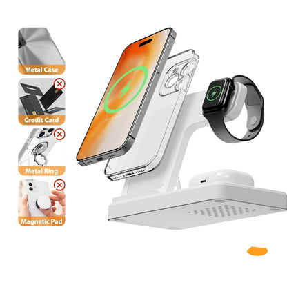 Essential Selects 3-in-1 magnetic wireless charger stand for iPhone, Apple Watch, and AirPods with case compatibility