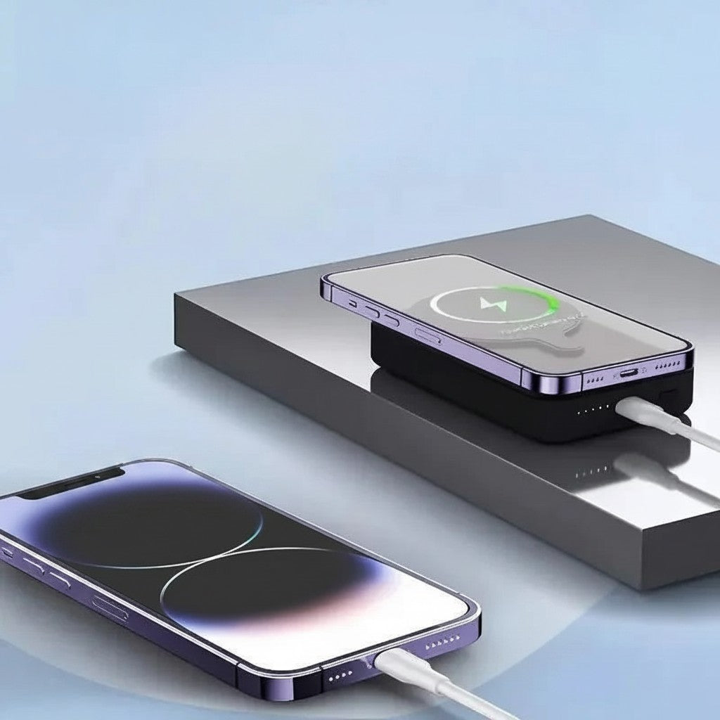 Essential Selects 10000mAh magnetic wireless power bank charging an iPhone with a USB-C cable on a desk