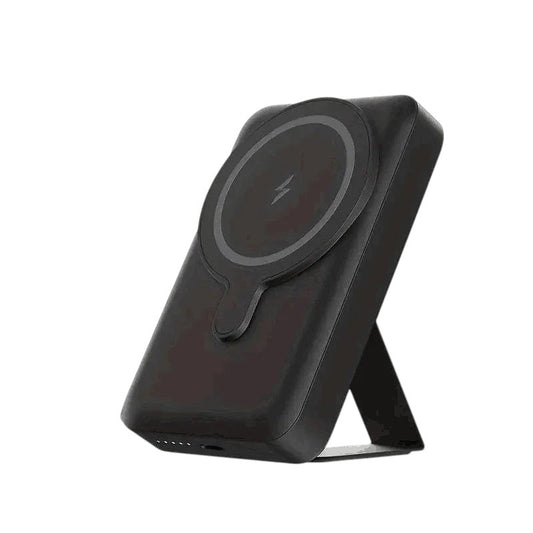 Essential Selects black magnetic wireless power bank for iPhone with a foldable stand and dimensions shown.