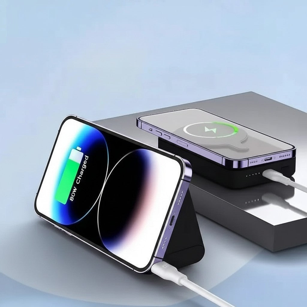 Essential Selects 10000mAh magnetic wireless power bank with foldable stand charging an iPhone in landscape mode
