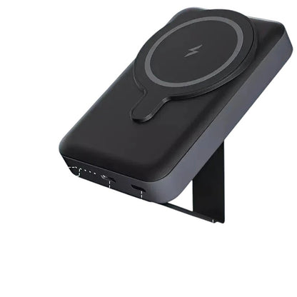 Essential Selects black magnetic wireless power bank for iPhone with a foldable stand and USB-C port features.