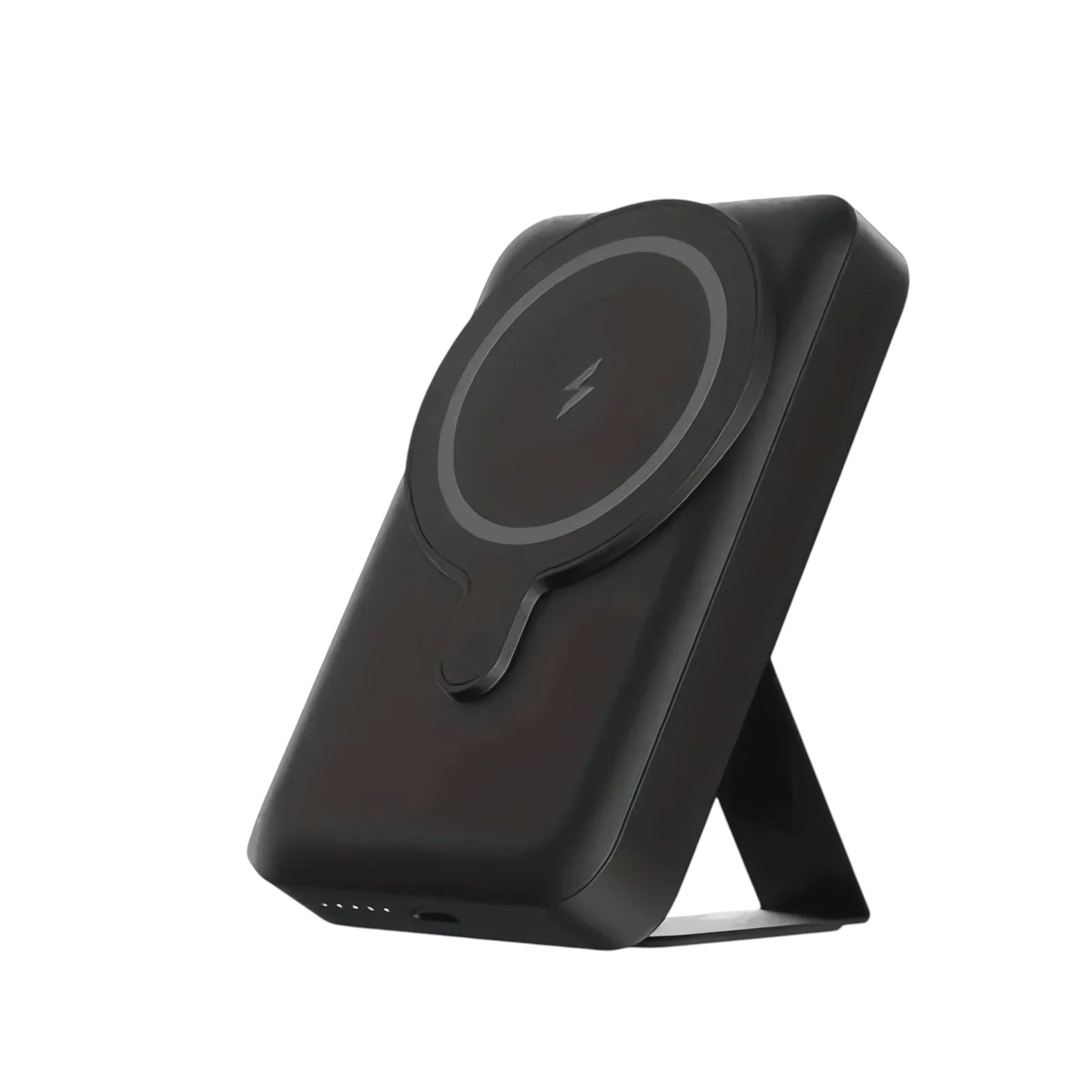 Essential Selects black magnetic wireless power bank with a foldable stand and dimensions for iPhone charging