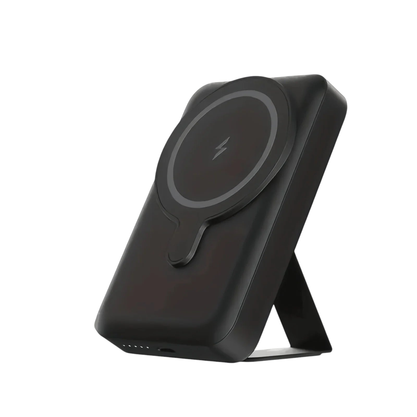 Essential Selects black magnetic wireless power bank with a foldable stand and dimensions for iPhone charging