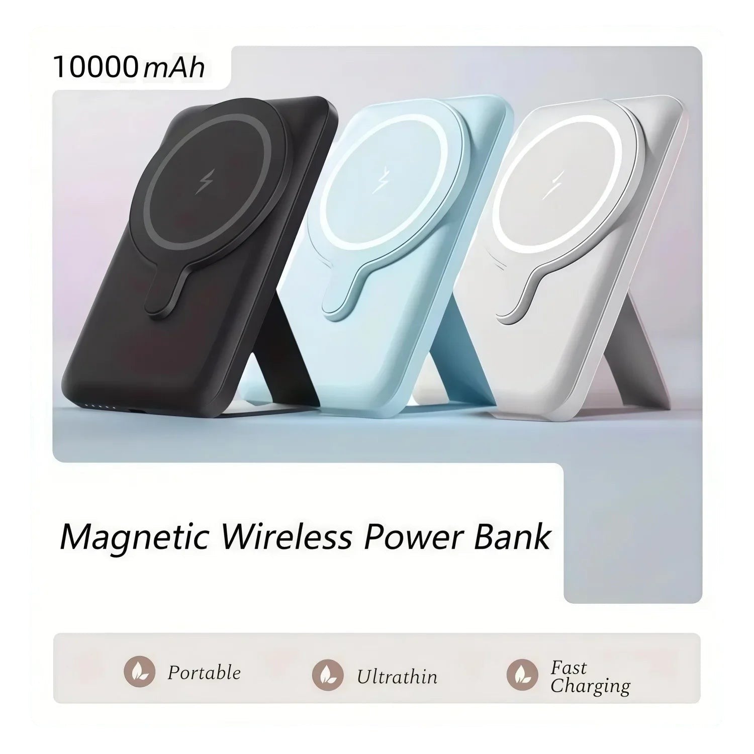 Essential Selects 10000mAh magnetic wireless power banks in black, light blue, and white with built-in foldable stands.