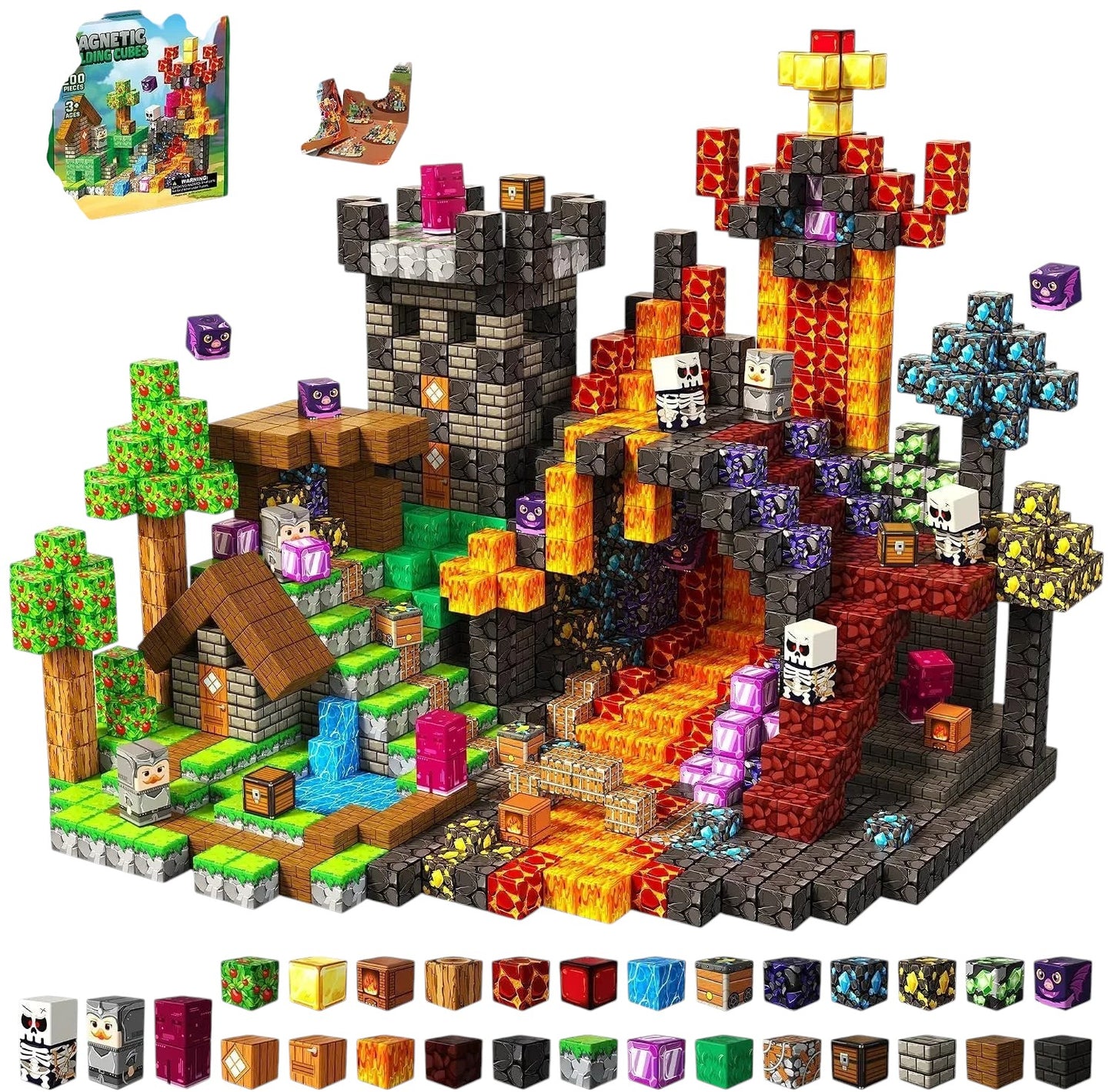 Essential Selects MagniBuild magnetic cube construction set featuring a detailed castle and lava landscape build.