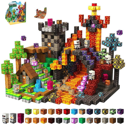 Essential Selects MagniBuild magnetic cube construction set featuring a detailed castle and lava landscape build.