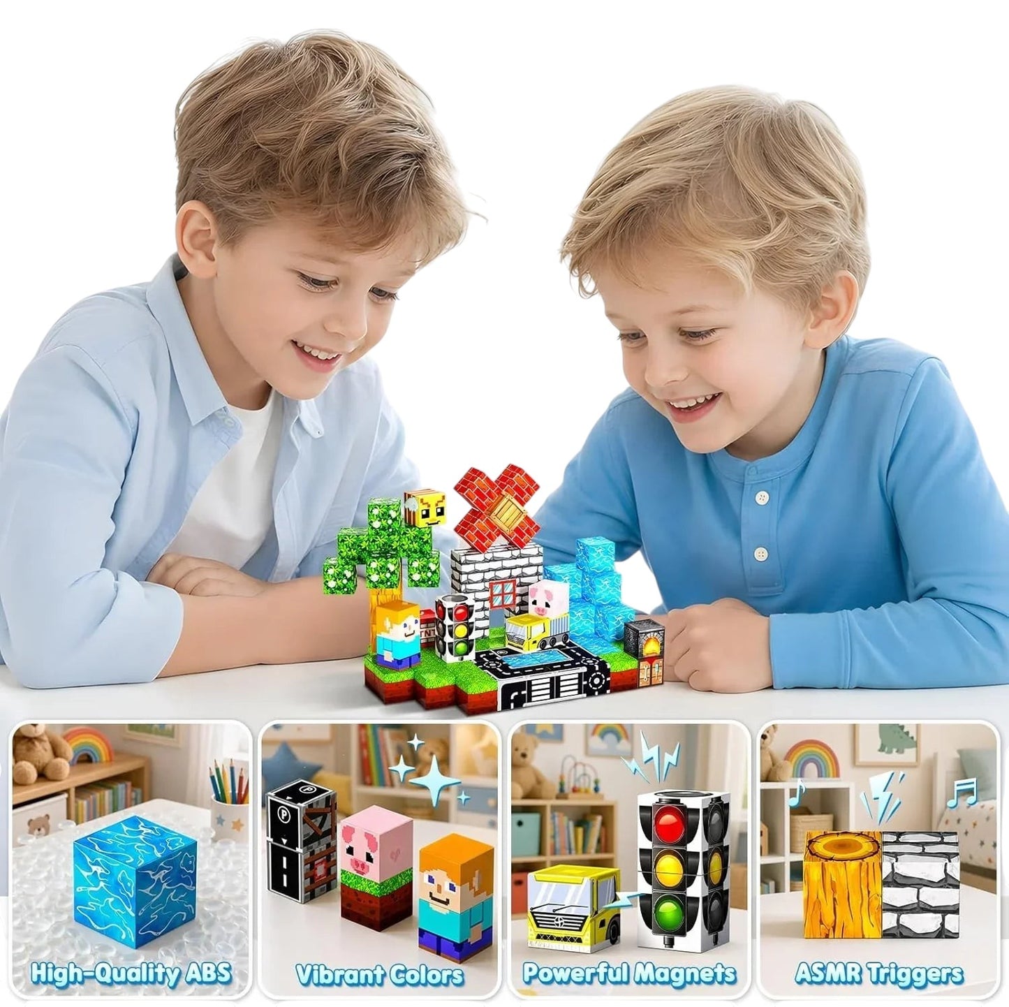Essential Selects MagniBuild magnetic STEM blocks featuring vibrant, durable ABS plastic tiles for creative play.