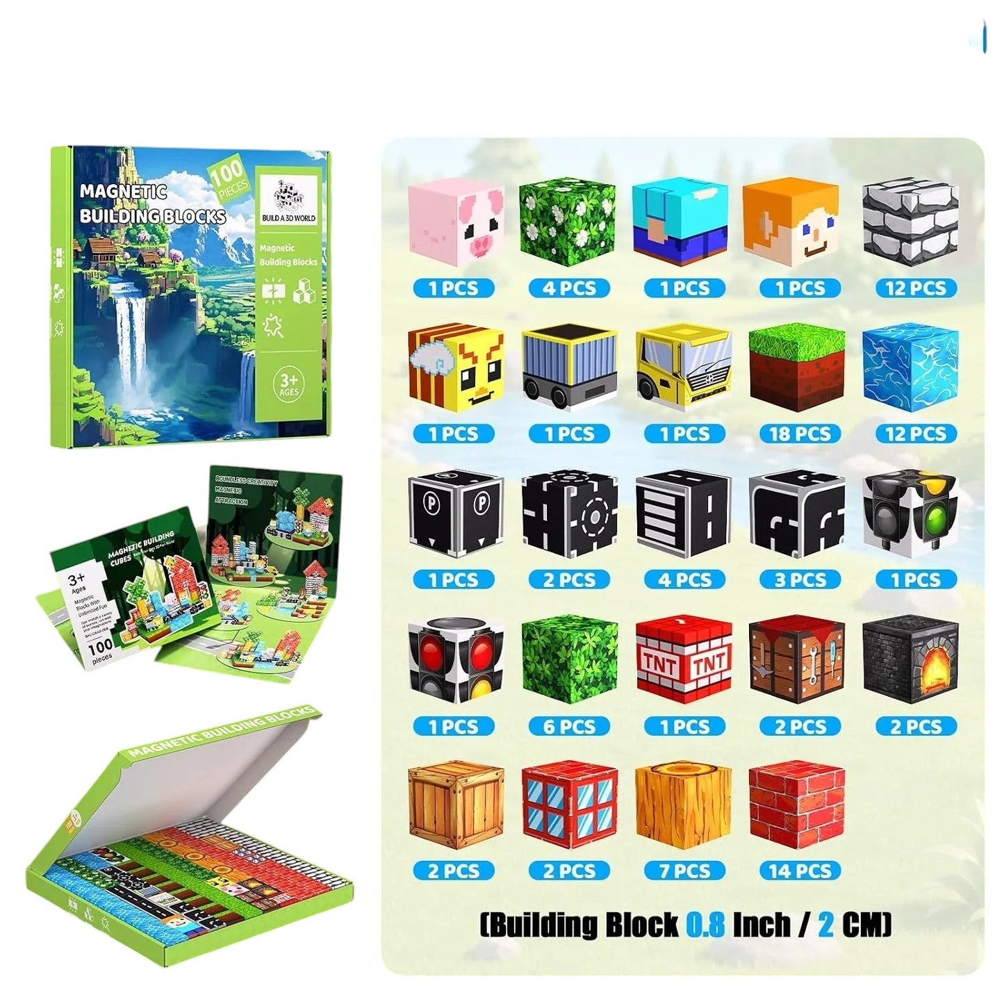 Essential Selects MagniBuild 100-piece magnetic block set with various printed designs and storage box