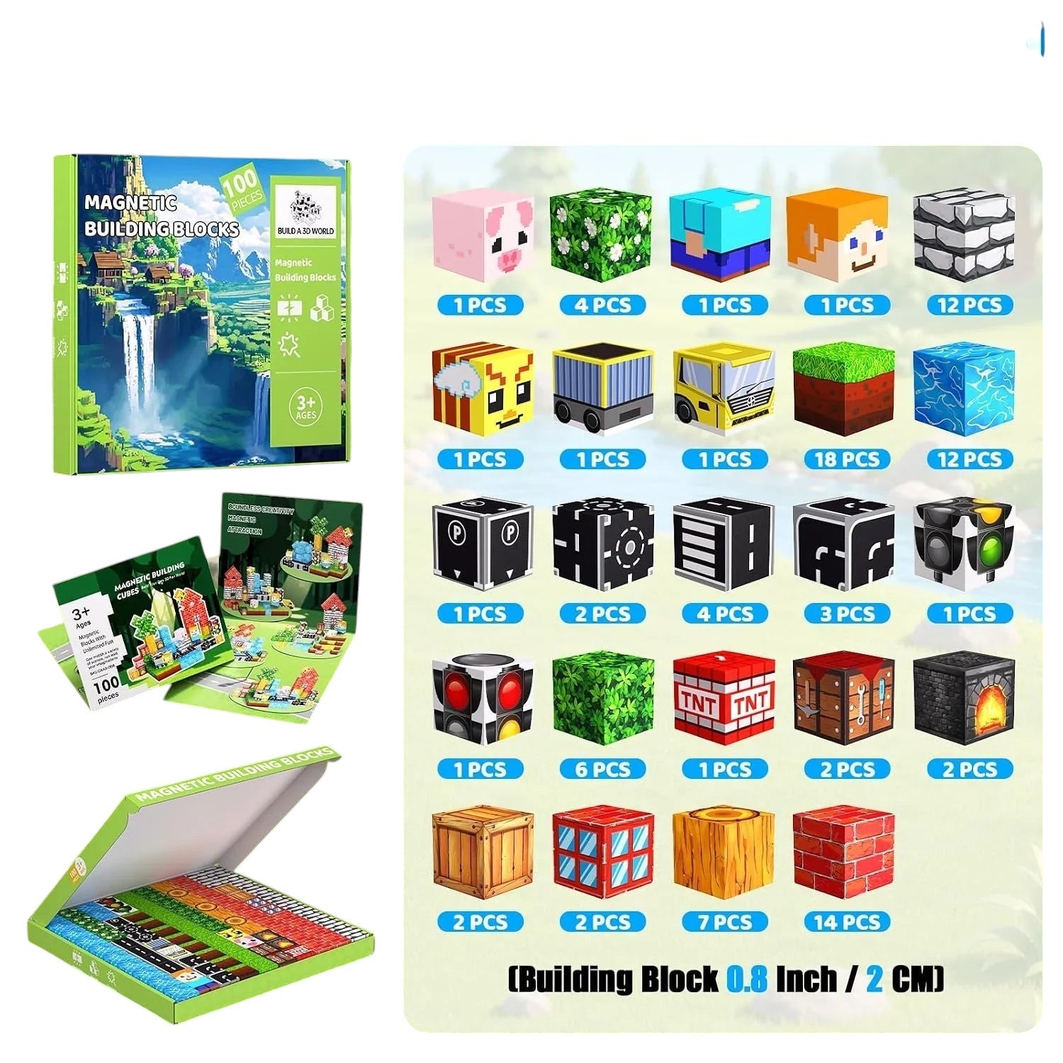 Essential Selects MagniBuild 100-piece magnetic block set with various printed designs and storage box