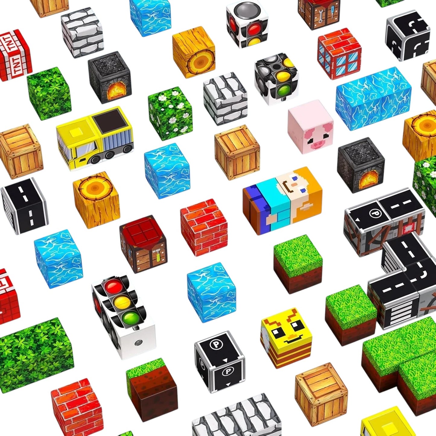 Essential Selects 100-piece MagniBuild magnetic block set featuring various colorful textures and patterns for STEM play