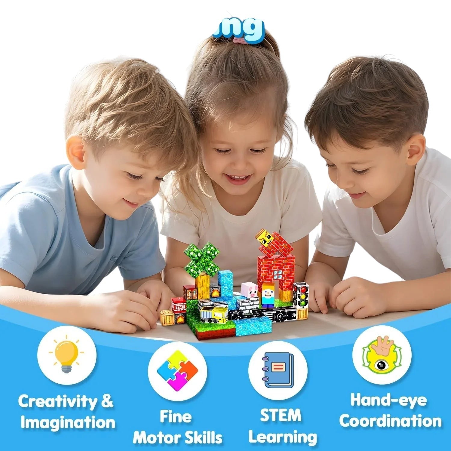 Essential Selects MagniBuild magnetic blocks set with three children playing and building creative STEM structures