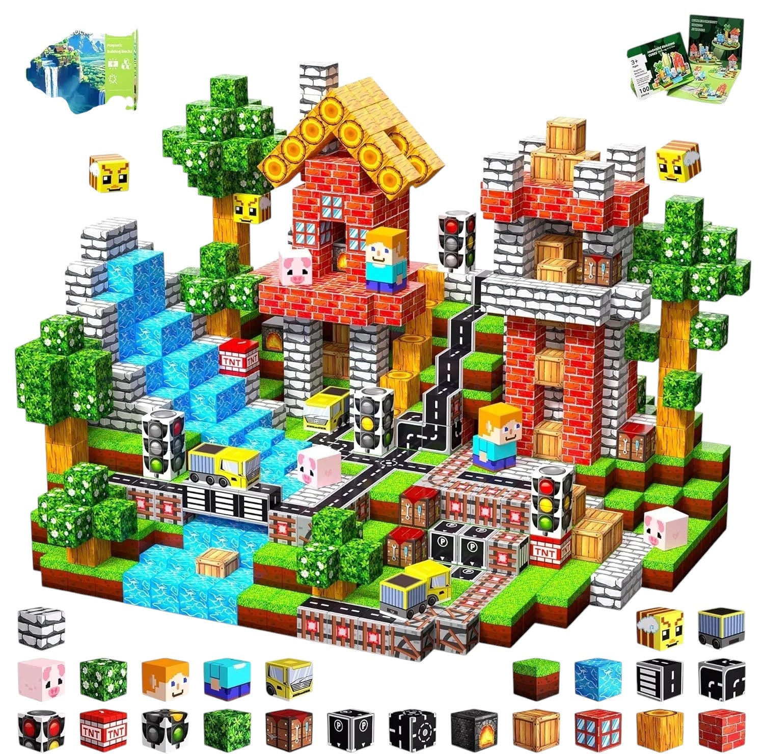 Essential Selects MagniBuild 100-piece magnetic block set featuring a colourful constructed scene with trees and buildings