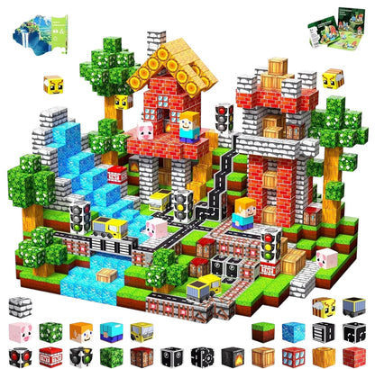 Essential Selects MagniBuild 100-piece magnetic block set featuring a colourful constructed scene with trees and buildings