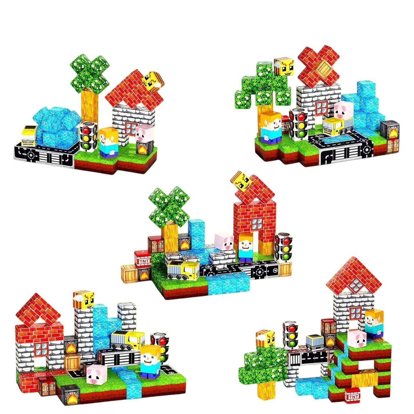 Essential Selects MagniBuild magnetic construction blocks featuring various colorful structures in a grassy landscape.