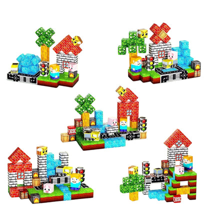 Essential Selects MagniBuild magnetic construction blocks featuring various colorful structures in a grassy landscape.