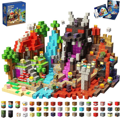 Essential Selects MagniBuild 100-piece magnetic cube construction set featuring a detailed pixel-style fantasy world.