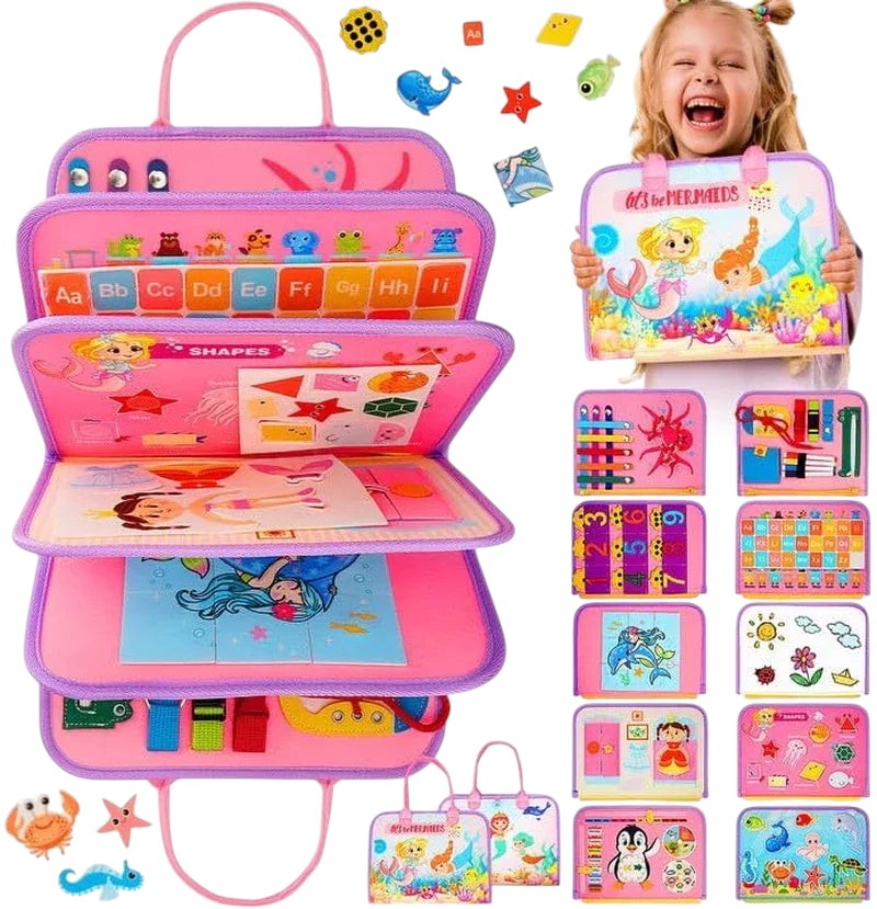 Essential Selects mermaid-themed Montessori busy board with interactive felt pages for toddler fine motor skill learning