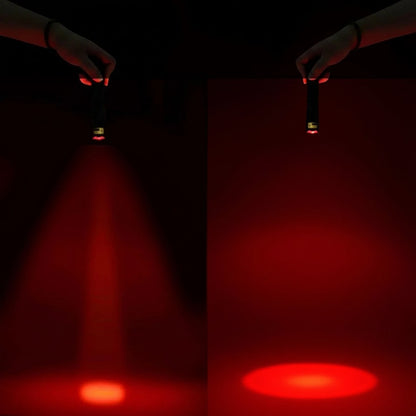 Essential Selects METII portable LED flashlight showing adjustable red light beam focus for night vision use