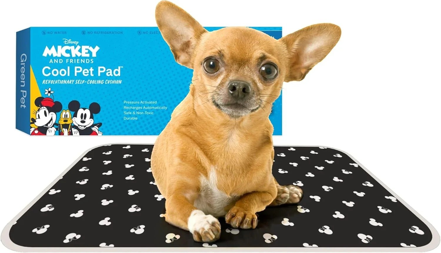 Essential Selects Disney Mickey Mouse self-cooling gel pet pad with a small dog sitting on the black patterned mat