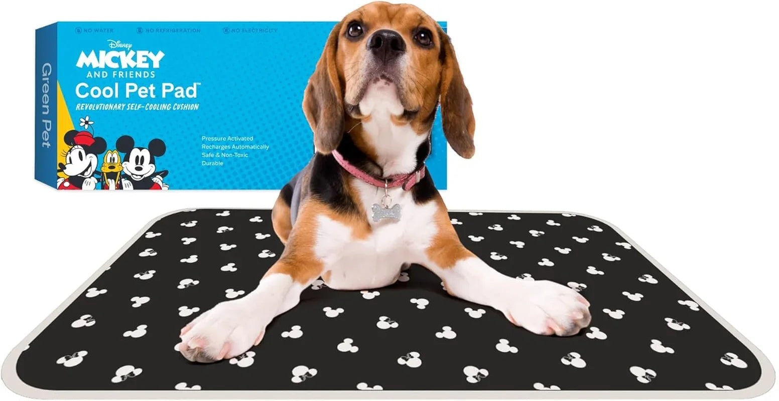 Essential Selects Disney Mickey Mouse self-cooling gel pet pad with a beagle resting on the black patterned mat