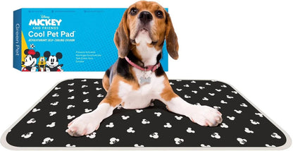 Essential Selects Disney Mickey Mouse self-cooling gel pet pad with a beagle resting on the black patterned mat