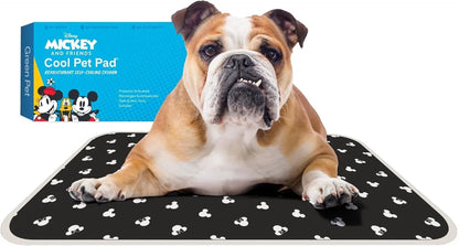 Essential Selects Disney Mickey Mouse self-cooling gel pet pad with a bulldog resting on the black patterned mat