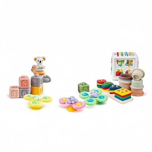 Essential Selects 6-in-1 Montessori baby toy set featuring colorful silicone stacking blocks, spinners, and sorters.