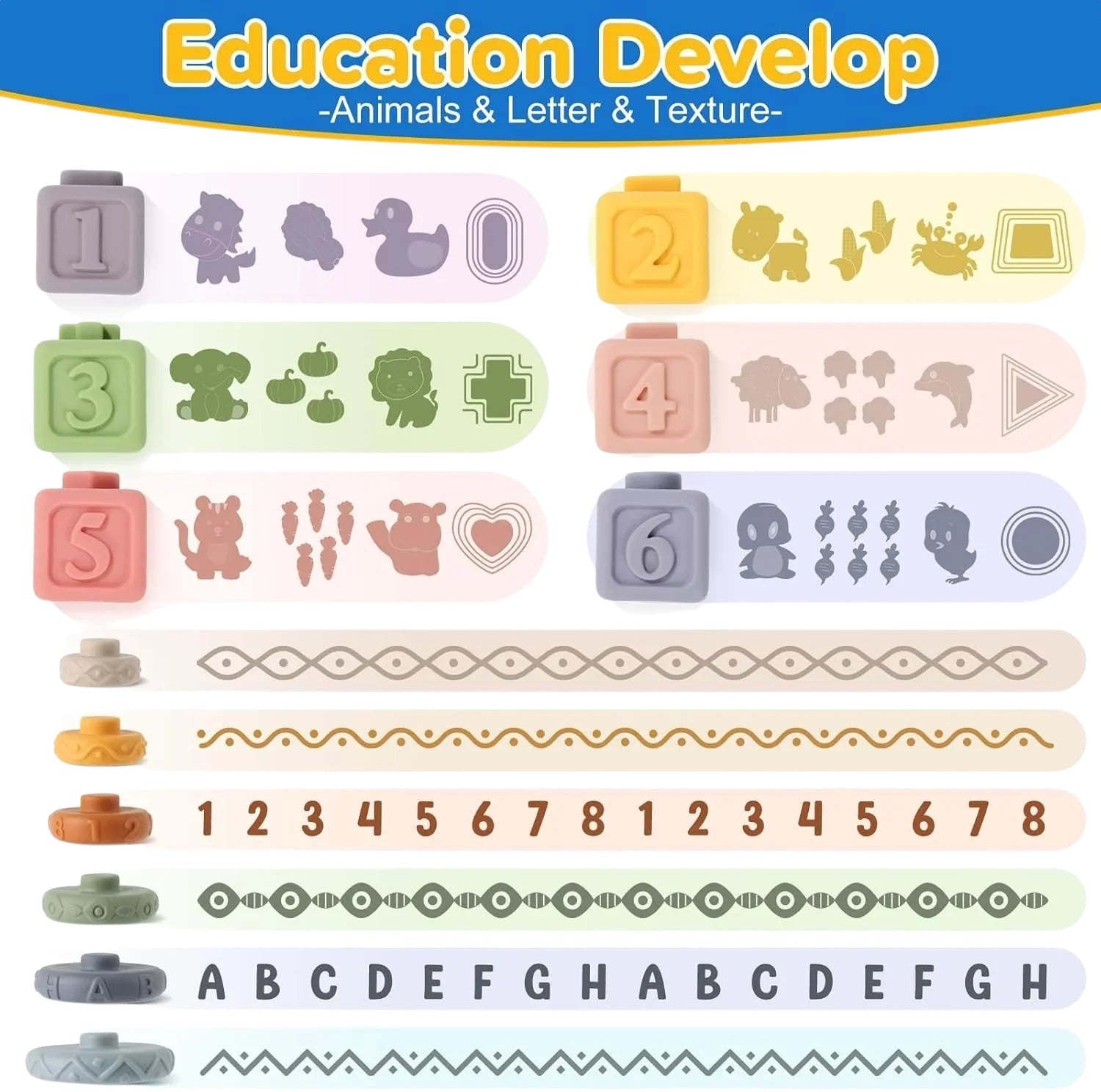 Essential Selects Montessori baby toy set featuring textured silicone blocks, numbers, and animal shapes for learning.