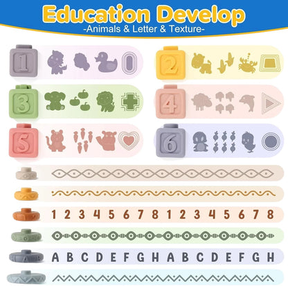 Essential Selects Montessori baby toy set featuring textured silicone blocks, numbers, and animal shapes for learning.