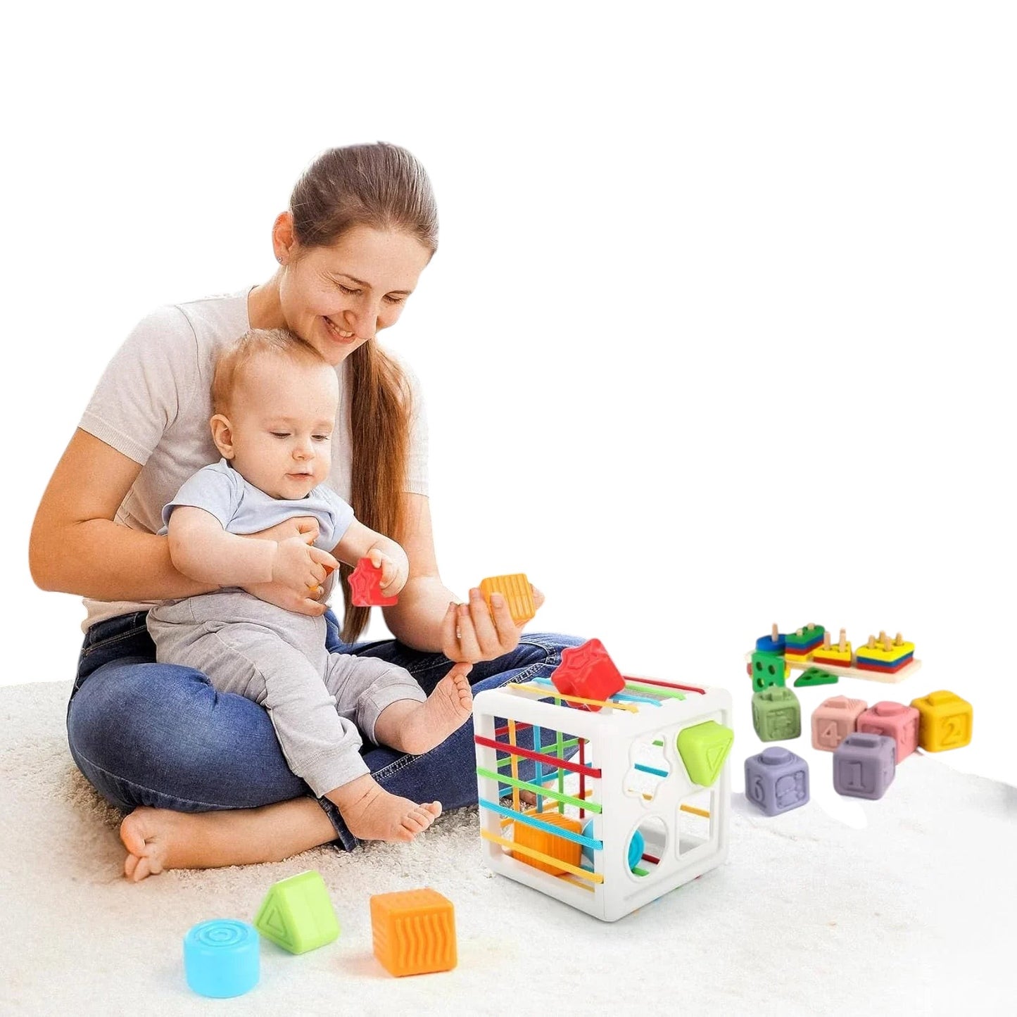 Essential Selects Montessori baby toy set with sensory cube, stacking blocks, and rings for fine motor development.