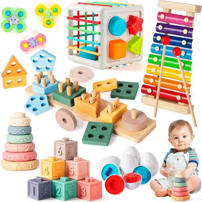 Essential Selects 6-in-1 Montessori baby toy set featuring colorful silicone blocks, wooden sorters, and sensory spinners.