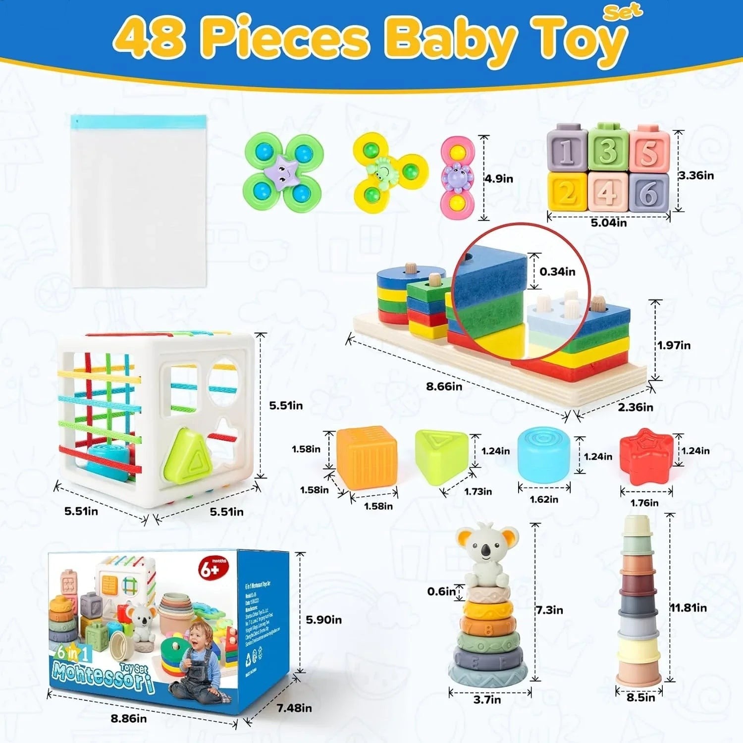 Essential Selects 48-piece Montessori baby toy set featuring silicone blocks, stacking rings, and suction spinners.