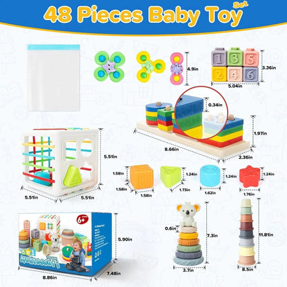 Essential Selects 48-piece Montessori baby toy set featuring silicone blocks, stacking rings, and suction spinners.