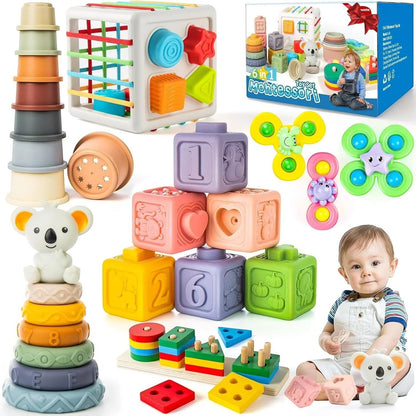 Essential Selects 6-in-1 Montessori baby toy set featuring silicone stacking cups, sensory blocks, and sorting toys.