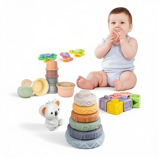 Essential Selects 6-in-1 Montessori baby toy set with silicone stacking rings, blocks, and spinners for sensory play.