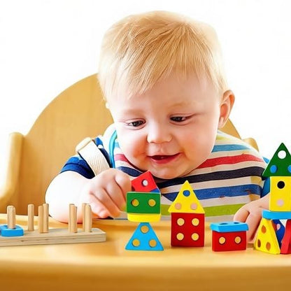 Essential Selects 6-in-1 Montessori baby toy set with colorful wooden sorting blocks and shapes for fine motor skills